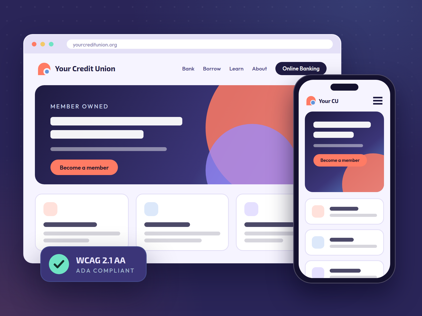 Credit union website mockup on desktop and mobile with WCAG 2.1 AA badge