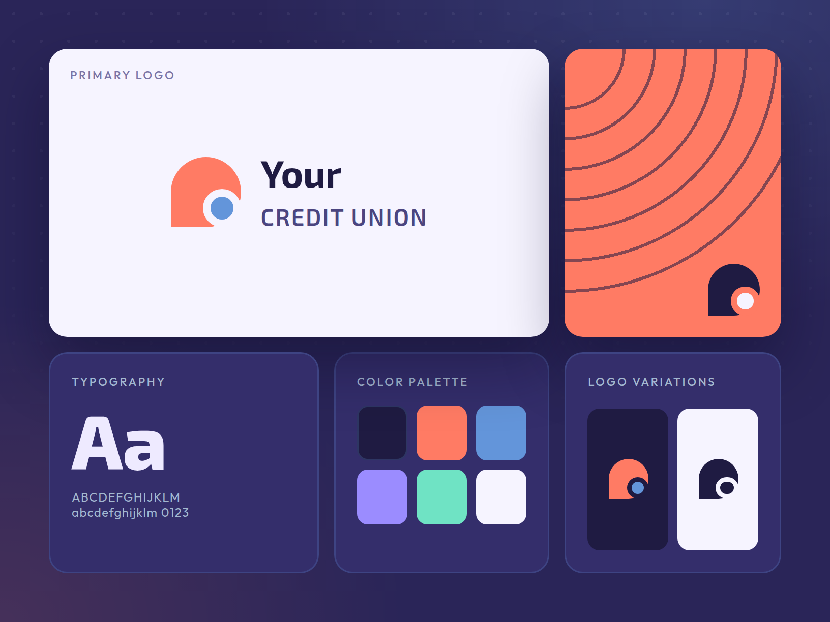 Credit union brand identity board with logo, typography and color palette