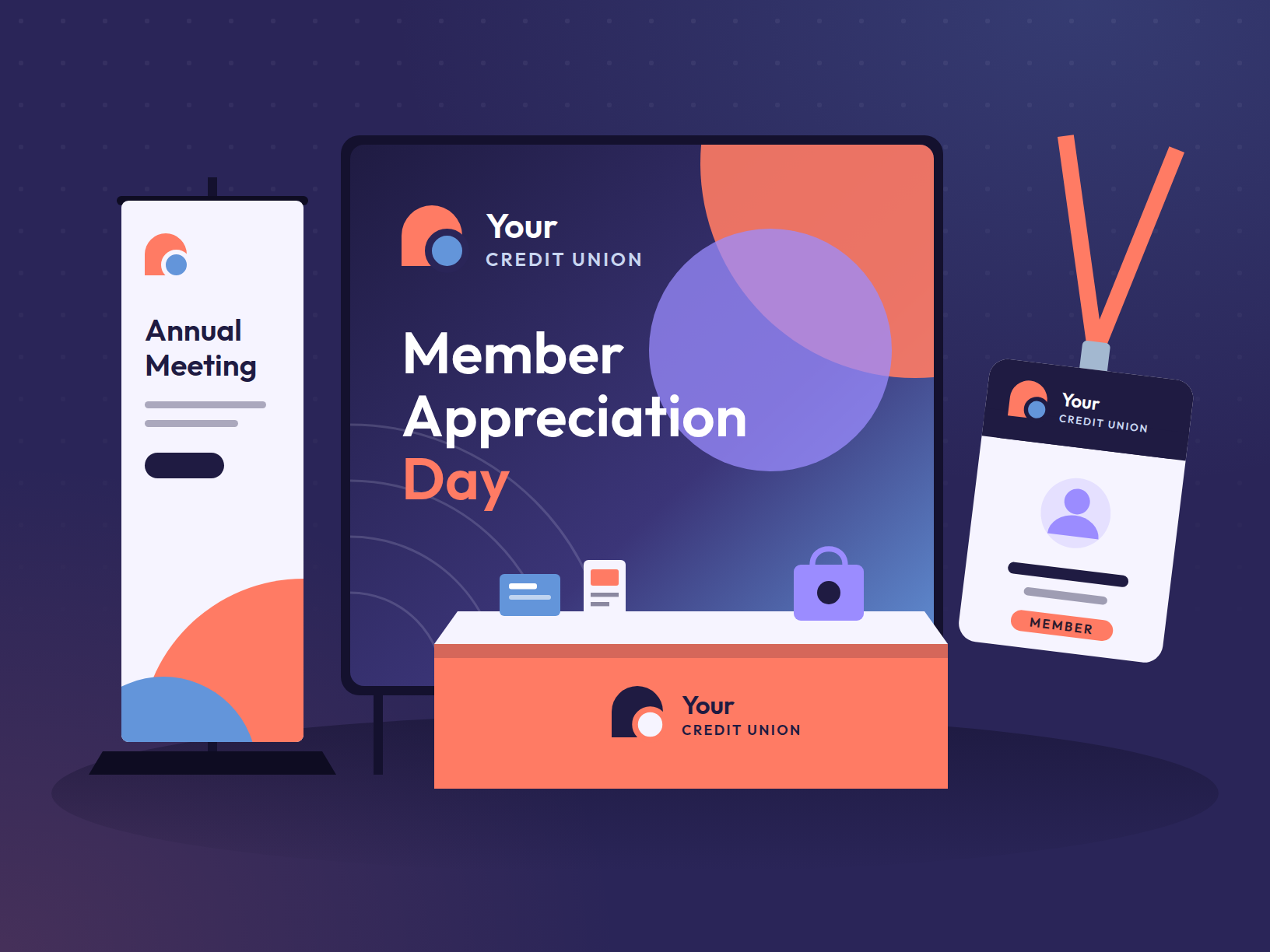 Credit union event booth, banner stand and member badge mockup